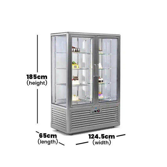 fg828l2 a1 dessert showcase four sided glass door rotary cake display cabinet upright refrigerator painted steel coating 124 5 x 65 x 185 cm