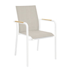 Gymkhana Pesaro Outdoor Dining Chair Textilene with Teak Armrest Stackable, White/Wheat/Teak, 56.5x64x89 cm