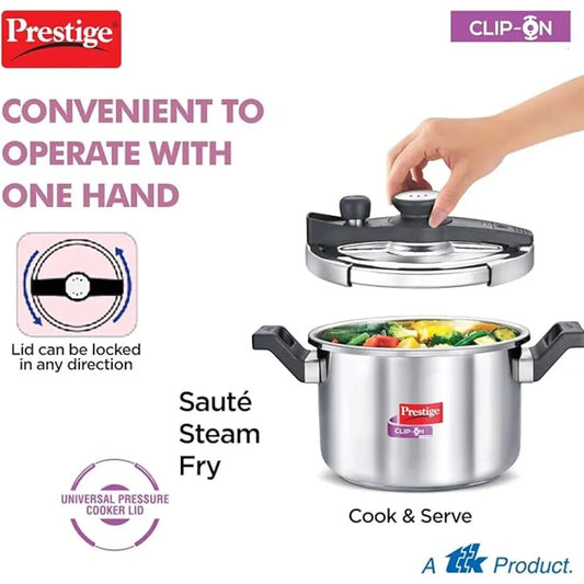 PRESTIGE MPC20230 S/S CLIP ON SVACHH PRESSURE COOKER, 5 ltr. CAPACITY