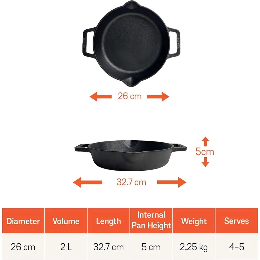 MEYER MY48413 CAST IRON 26CM FRYPAN WITH 2 SIDE HANDLE