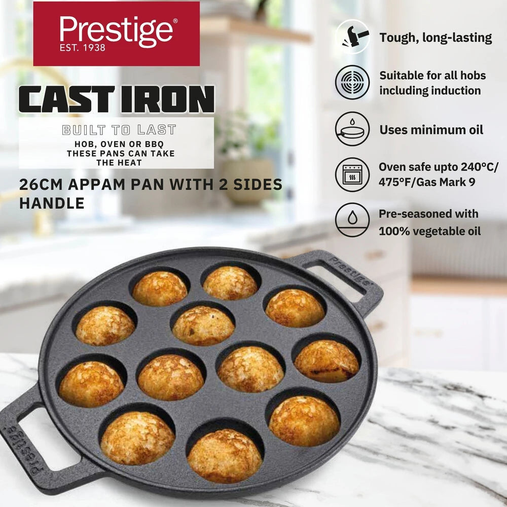 PRESTIGE PR48908 CAST IRON APPAM / KOFTA PAN, 26 cm DIAMETER