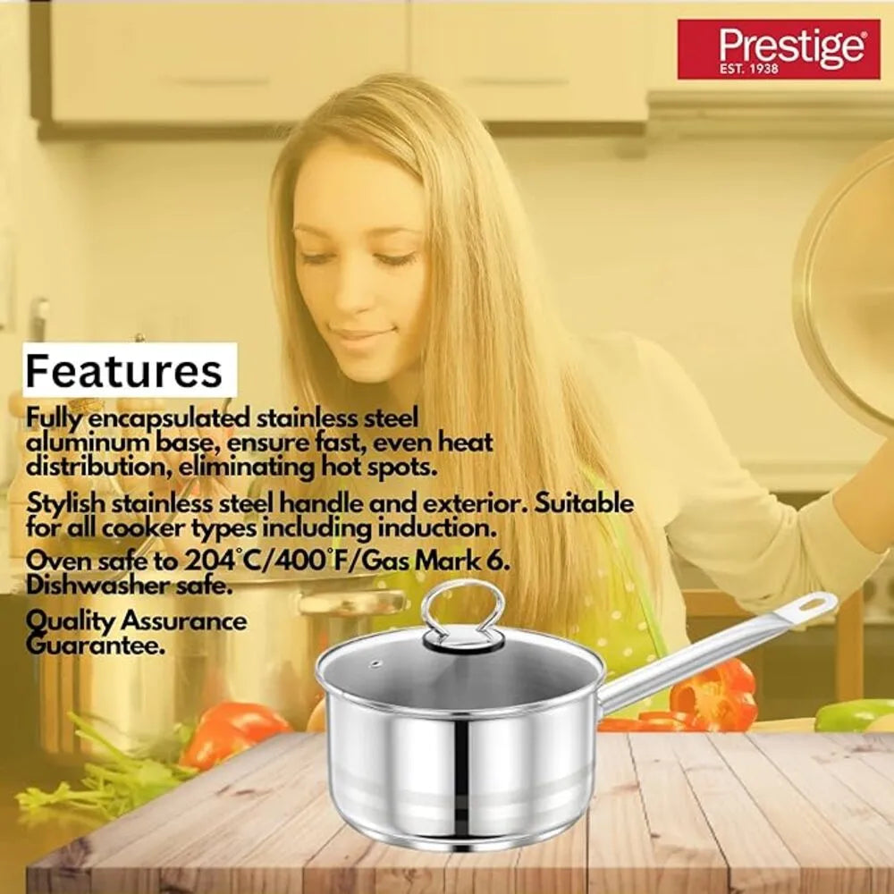 PRESTIGE PR81140 S/STEEL SAUCE PAN WITH GLASS LID, 20 cm DIAMETER