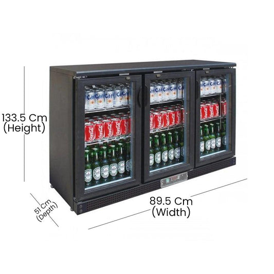 THS BC03PP Aluminium Body Bar Cooler Black With Three Hinged Doors, Capacity 312 L 300 W, 133.5 x 51 x 89.5 cm - HorecaStore
