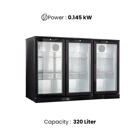 THS BC03PS Aluminium Body Bar Cooler Black With Three Sliding Doors, Capacity 320 L 145 W, 135 x 52 x 90 cm - HorecaStore