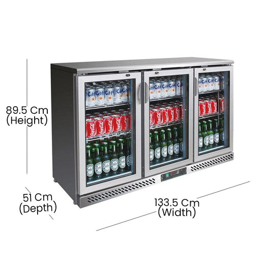 THS BC03SS Three Doors Bar Cooler With Frosted Frame, Power 0.77 kW, 133.5 x 51 x 89.5 cm - HorecaStore