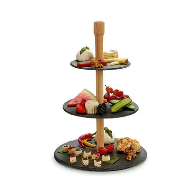 Arte Regal Wood Serving Stand Round Slate 3 Layers Black, 30 cm