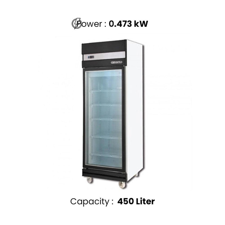 Berjaya 1D/DC-BH-1-G Electric Upright Single Glass Door Chiller Blower System 450 L, Power 473W, 63.5 X 71 X 206 cm - HorecaStore