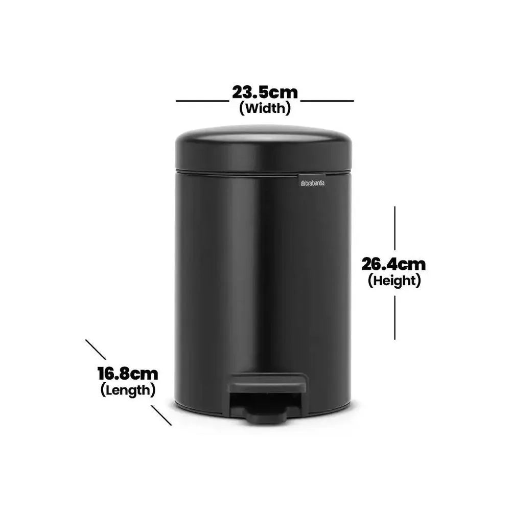 brabantia-newicon-matt-black-stainless-steel-pedal-bin-3l-with-plastic-bucket