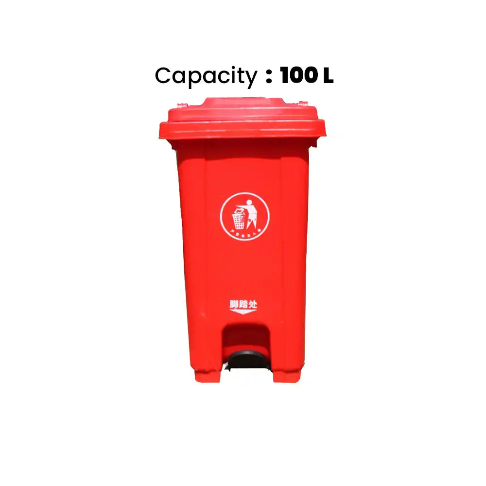 THS CNC100 Red Plastic Garbage Bin With Wheel And Centre Pedal 100L