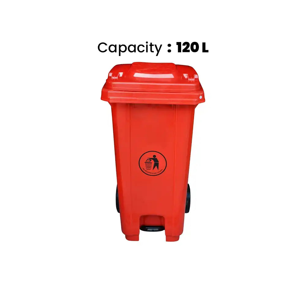 THS CNC120 Red Plastic Garbage Bin With Wheel And Centre Pedal 120 L