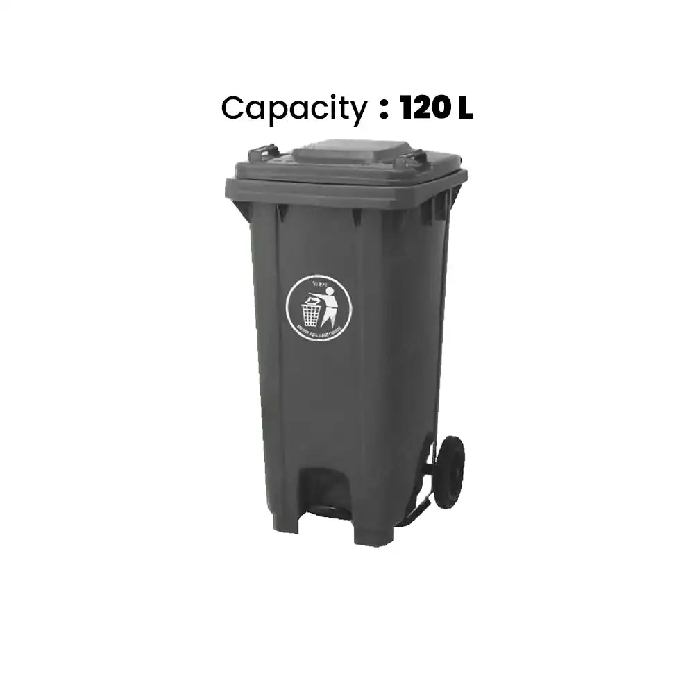 THS CNC120 Grey Plastic Garbage Bin With Wheel And Centre Pedal 120 L