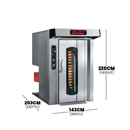 Forni Forini Rotor Gas Rack Oven, Thermal Power 240,000 BTU, 400V / 50Hz / 3 Phase, 143 x 203 x 220 cm - HorecaStore