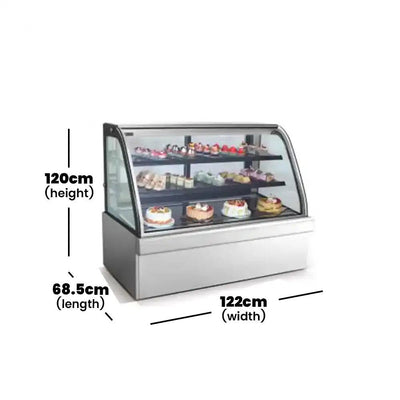 inofrigo fgw1200 c2stainless steel front curved double arc cold cake display showcase with led light mirror base 3 shelves 120 x 68 5 x 122 cm