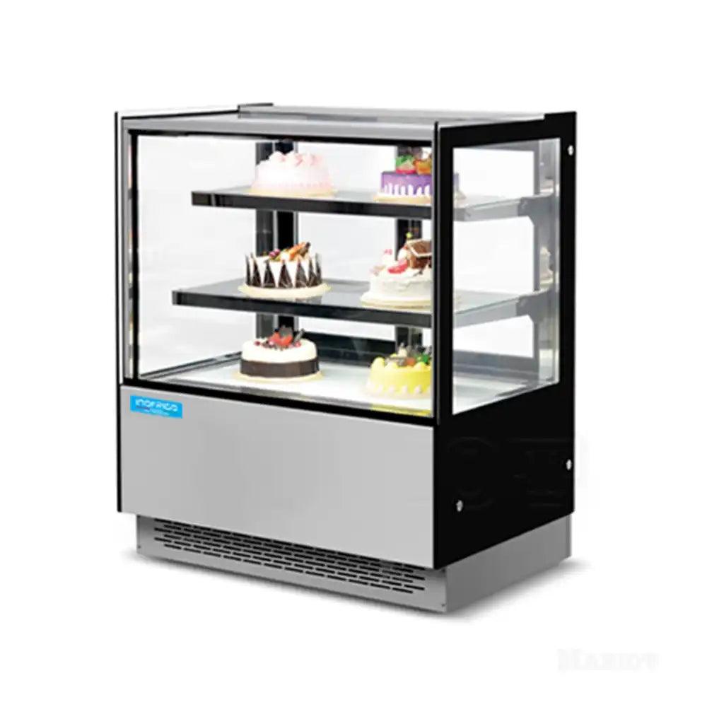 inofrigo fcs1000r2m front flat glass cake display showcase with led light stainless steel mirror base 100 x 68 5 x 130 cm 2 shelves