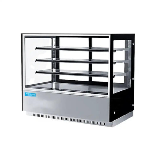 inofrigo fcs1500r3m front flat glass cake display showcase with led light stainless steel golden base 150 x 70 x 130 cm 3 shelves