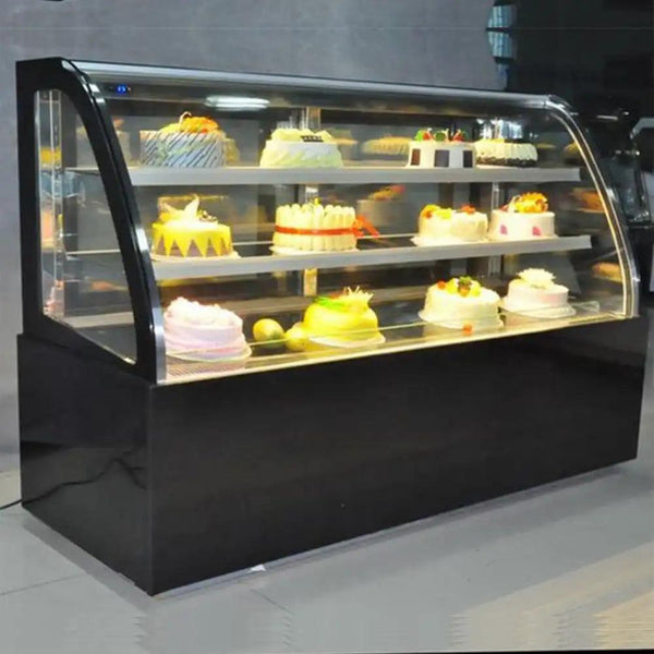 inofrigo fgw1500 c2 front curved double arc cold cake display showcase with led light stainless steel mirror base 150 x 68 5 x 122 cm 2 shelves