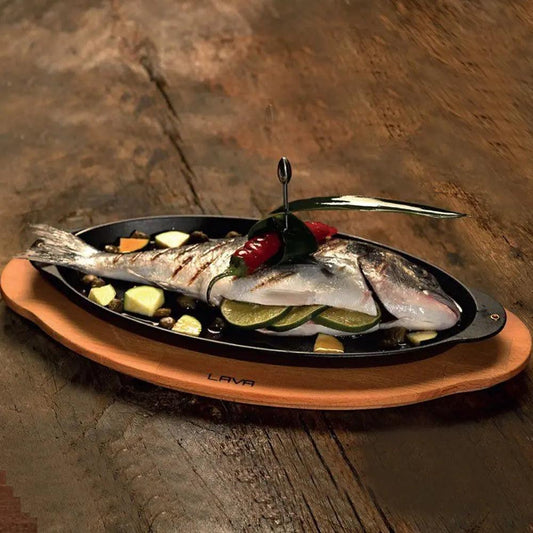 Lava Enameled Cast Iron Fish Plate With Wooden Platter 15 x 29 cm, Fish Sizzler Dish, Sizzling Plate, Steak Plate, For Restaurant, Home - HorecaStore