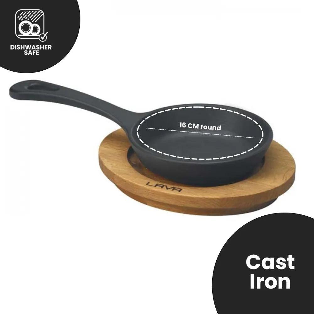 Lava Enameled Cast Iron Frying Pan With Wooden Plate, Cast Iron Skillet, Enameled Non Stick Griddle With Handle, Naturally Non Stick, Dishwasher Safe, Diameter 16 cm