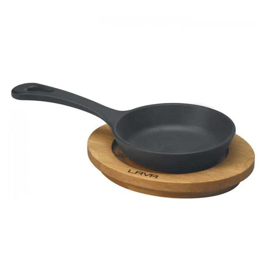 Lava Enameled Cast Iron Frying Pan With Wooden Plate, Cast Iron Skillet, Diameter 16 cm