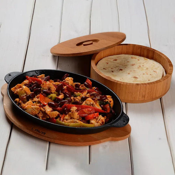 Lava Enameled Cast Iron Oval Fajita,Tandori ,Fish Sizzler Dish With Wooden Platter, 18 x 24 cm - HorecaStore