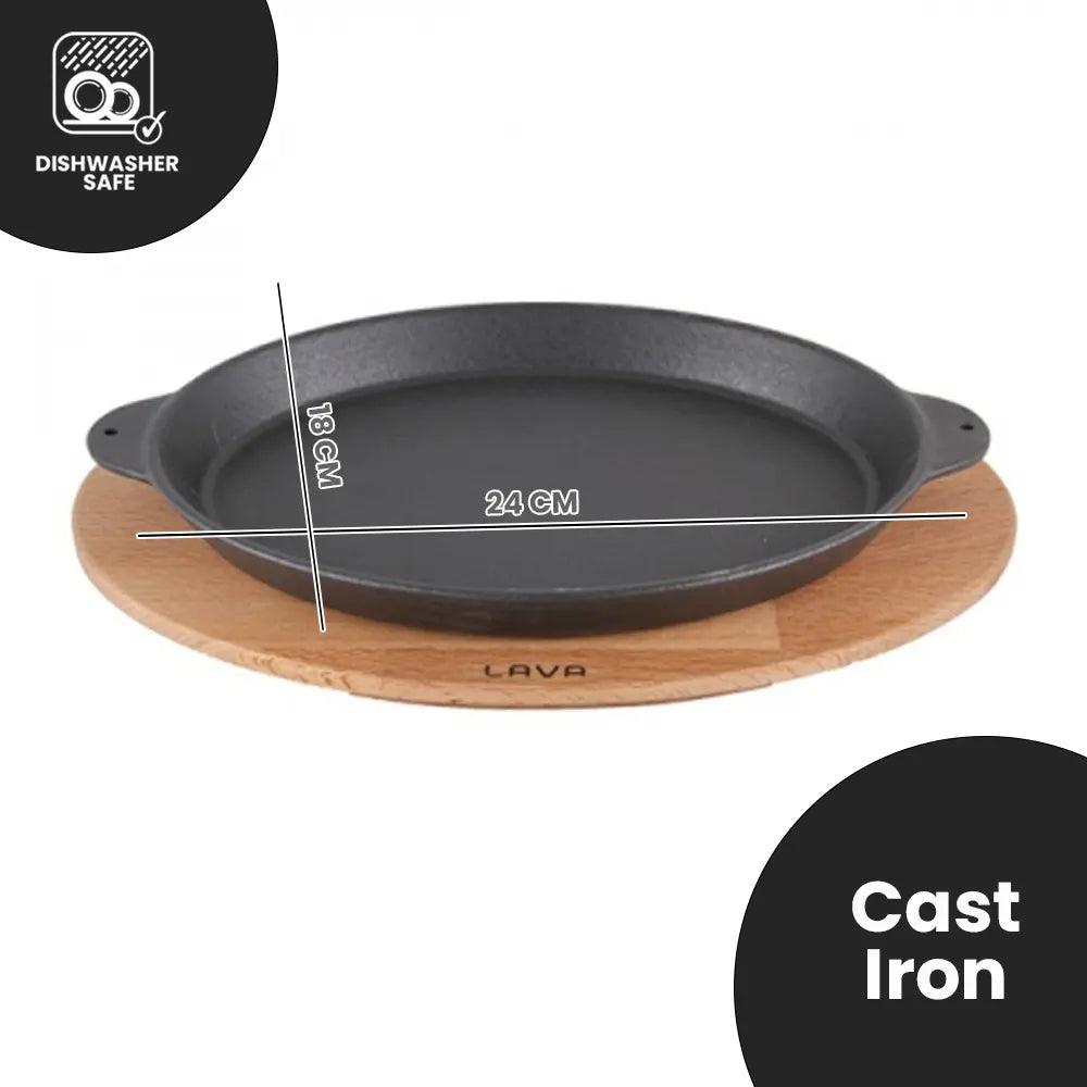 Lava Enameled Cast Iron Oval Fajita,Tandori ,Fish Sizzler Dish With Wooden Platter, 18 x 24 cm