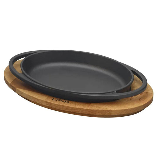 Lava Enameled Cast Iron Oval Service Dish With Wooden Platter, Black With Handle, Diameter 21 X 14 cm - HorecaStore