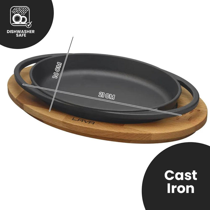 Lava Enameled Cast Iron Oval Service Dish With Wooden Platter, Black With Handle, Diameter 21 X 14 cm - HorecaStore