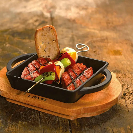 Lava Enameled Cast Iron Rectangle Service Dish With Wooden Platter, Black With Handle, 12 X 15 Cm - HorecaStore