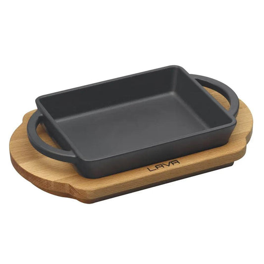 Lava Enameled Cast Iron Rectangle Service Dish With Wooden Platter, Black With Handle, 12 X 15 Cm