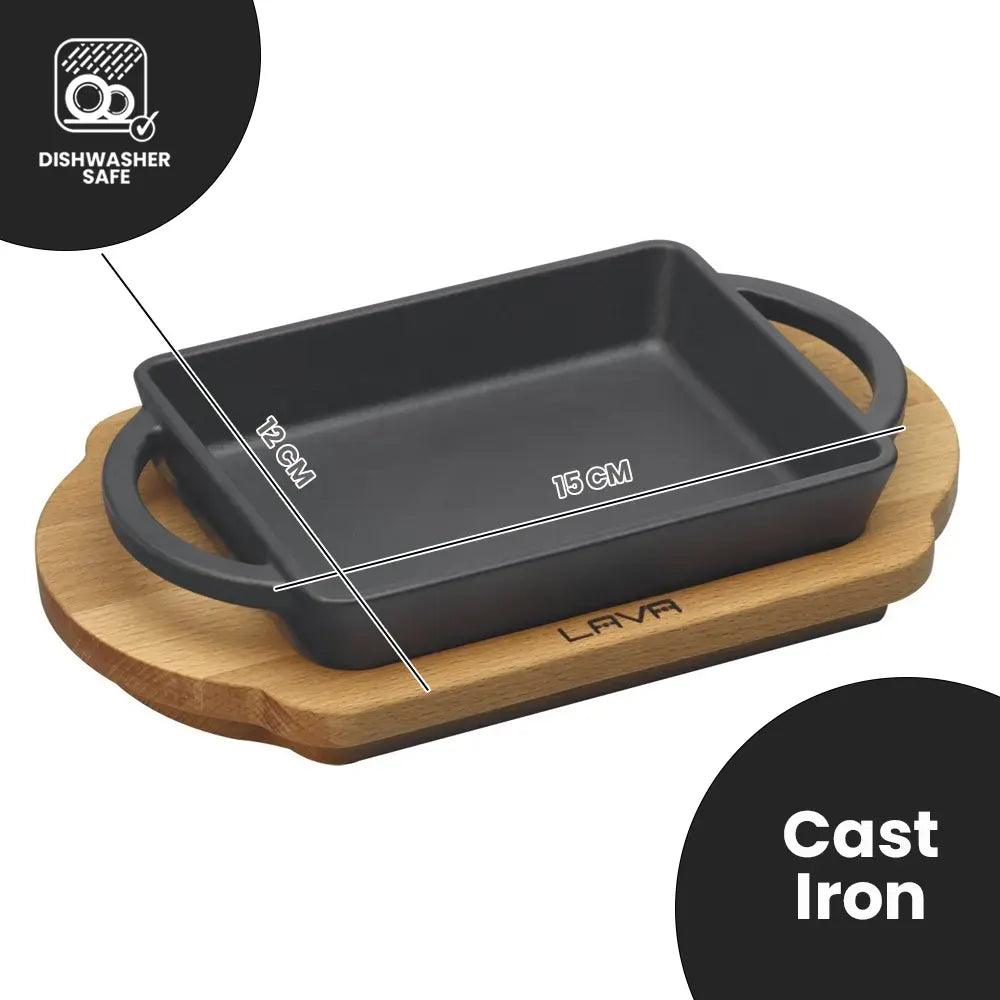 Lava Enameled Cast Iron Rectangle Service Dish With Wooden Platter, Black With Handle, 12 X 15 Cm - HorecaStore