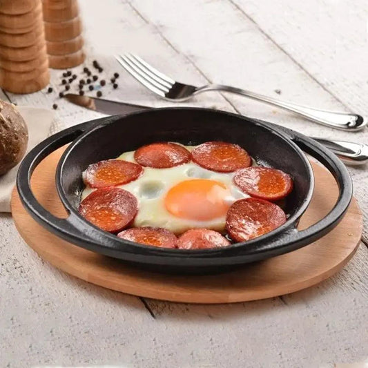 Lava Enameled Cast Iron Round Service Dish With Wooden Platter, Black With Handle, Diameter 16 Cm - HorecaStore