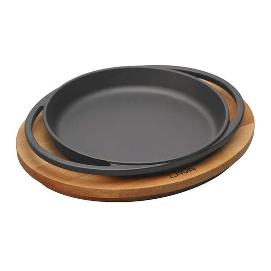 Lava Enameled Cast Iron Round Service Dish With Wooden Platter, Black With Handle, Diameter 16 Cm