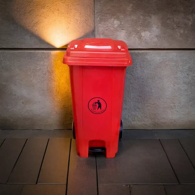 THS RSBIN120 Red Plastic Garbage Bin With Wheel And Centre Pedal 120L