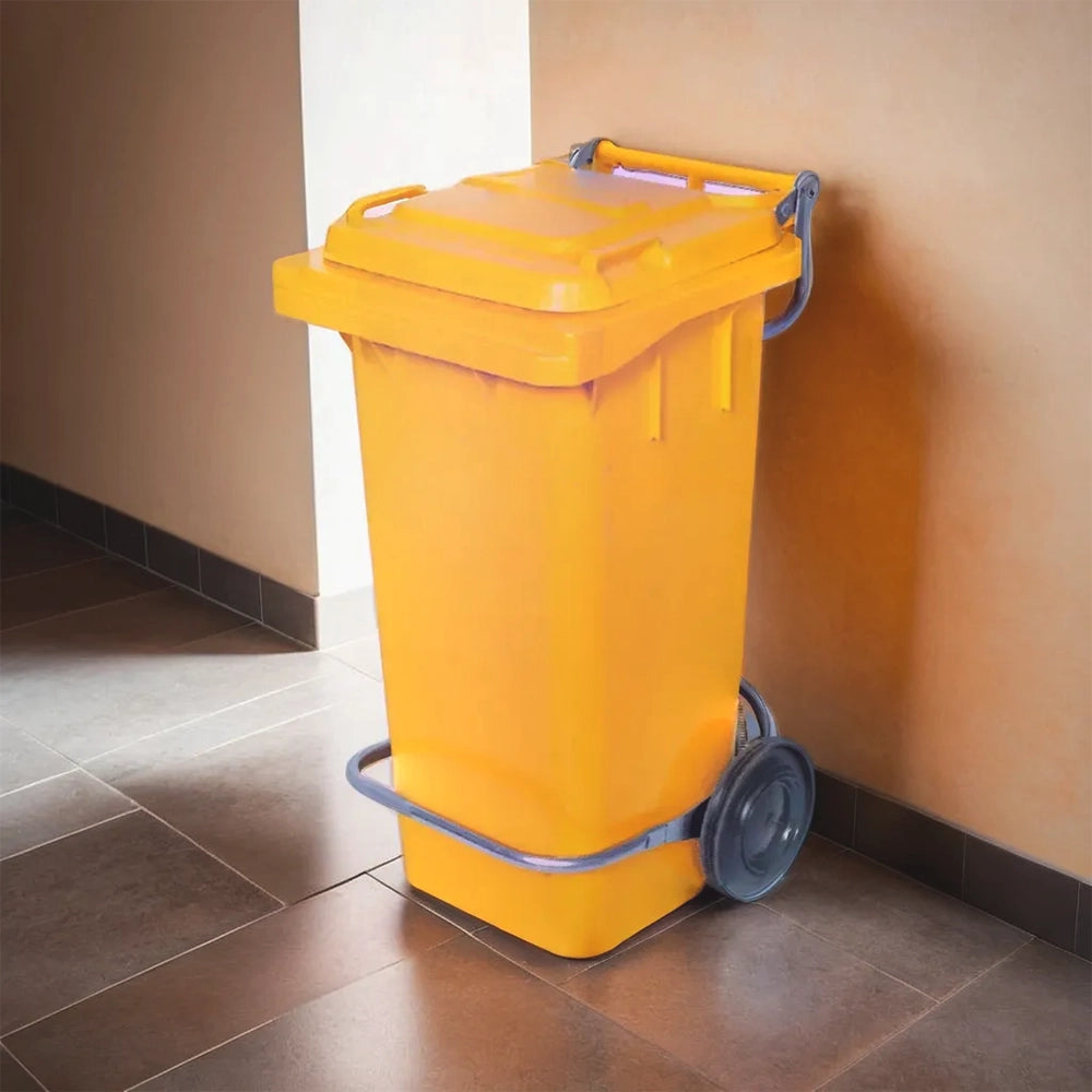 THS RSBIN121 Yellow Plastic Garbage Bin With Wheel And Centre Pedal 120L