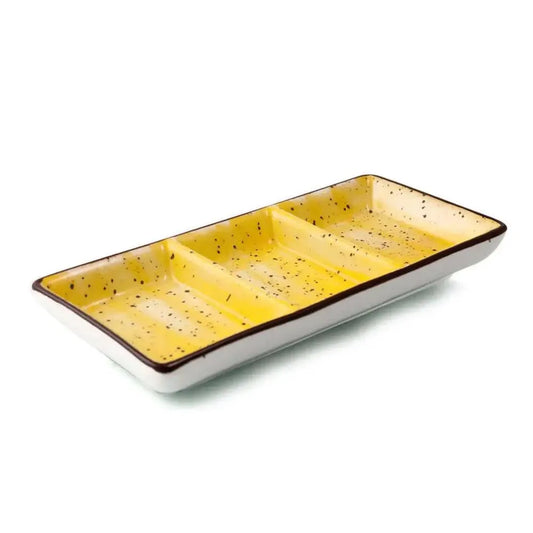 Porceletta Porcelain Rectangular Compartment Dish Yellow Color Glazed, 17.5 cm