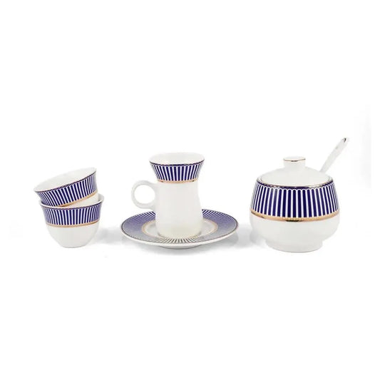 Porceletta Porcelain Tea & Coffee Serving Set Blue Stripes Design Ivory, 27 Pieces