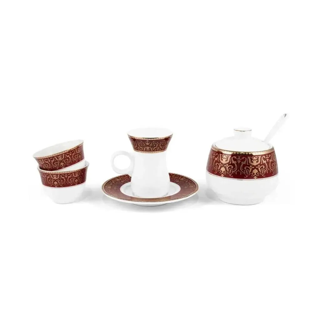 Porceletta Porcelain Tea & Coffee Serving Set Burgundy Design Ivory, 27 Pieces