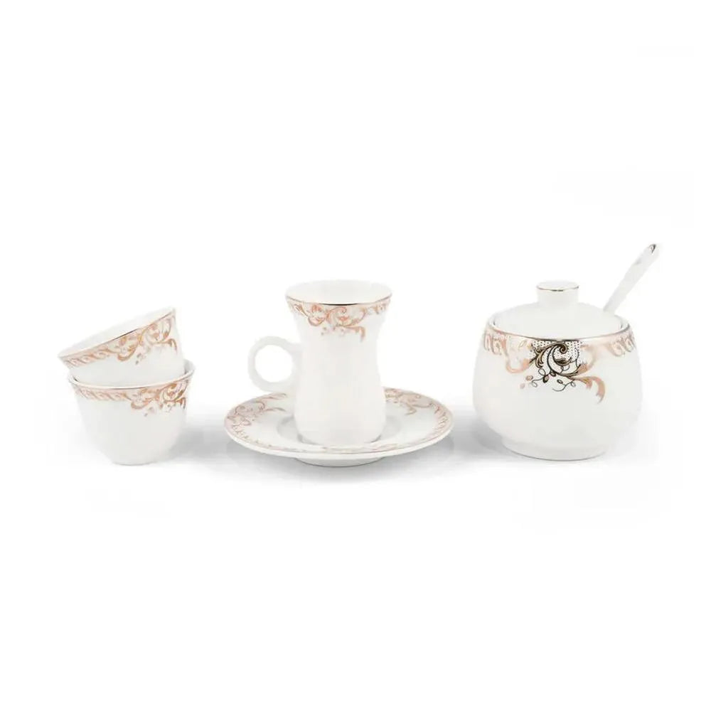 Porceletta Porcelain Tea & Coffee Serving Set Golden Leaves Design Ivory, 27 Pieces