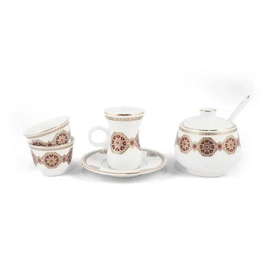 Porceletta Porcelain Tea & Coffee Serving Set Golden Red Pattern Ivory, 27 Pieces