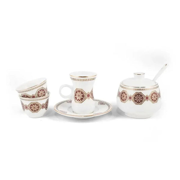 Porceletta Porcelain Tea & Coffee Serving Set Golden Red Pattern Ivory, 51 Pieces