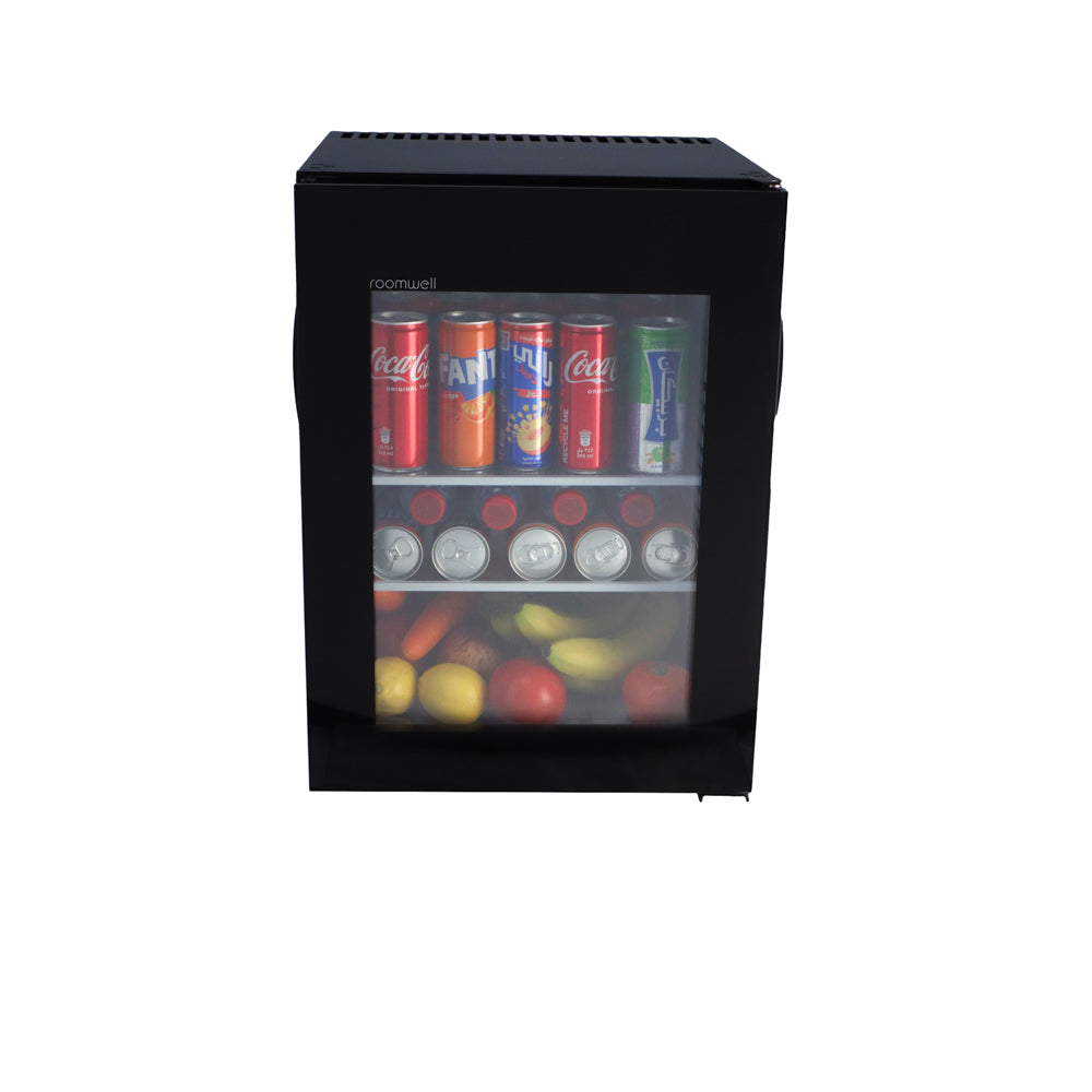 Roomwell UK High Cool Absorption Minibar, Glass Door 40 Liters, H 55.8 x W 40 x D 42.5 cm, 100% Silent, Ultra-Cooling, CFC/HCFC Free, Color Black