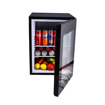 Roomwell UK High Cool Absorption Minibar, Glass Door 40 Liters, H 55.8 x W 40 x D 42.5 cm, 100% Silent, Ultra-Cooling, CFC/HCFC Free, Color Black