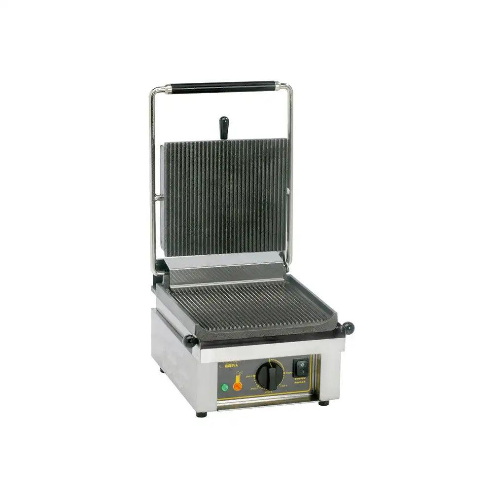 Roller Grill 3000W Panini Single Cast Iron Ribbed Top & Bottom Contact Grill 39 X 43 X 22 cm - HorecaStore