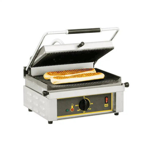 Roller Grill 3000W Panini Single Cast Iron Ribbed Top & Bottom Contact Grill 39 X 43 X 22 cm - HorecaStore