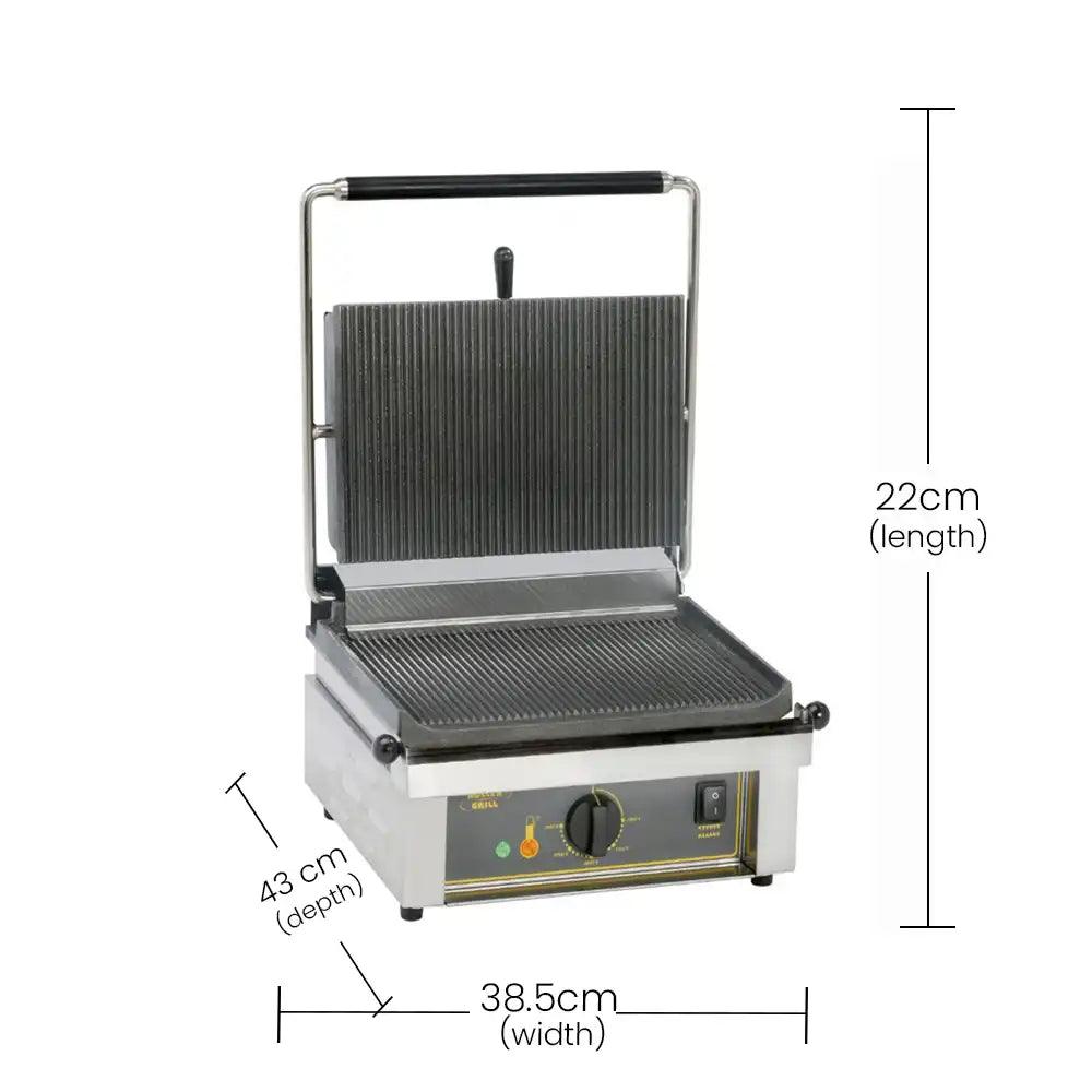 Roller Grill 3000W Panini Single Cast Iron Ribbed Top & Bottom Contact Grill 39 X 43 X 22 cm