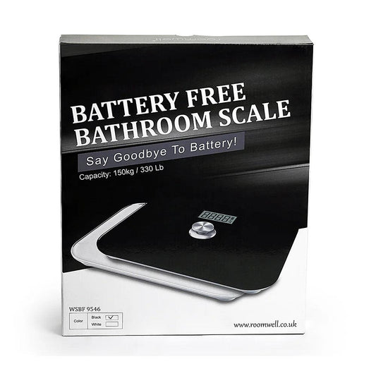 Roomwell Digital Battery Free Slim Bathroom Scale, Kinetic U-Power Technology with High Precision Sensors (Kgs/Lbs), Capacity 150 Kg, Color Black - HorecaStore