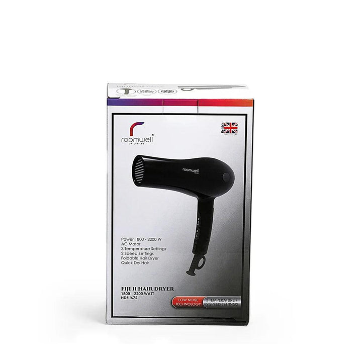 Roomwell Fiji II Foldable Hair Dryer, Fast Drying 1800-2100 W, Overheating Safety, Nozzle, 2 Speed & 3 Heat Setting, Color Black - HorecaStore