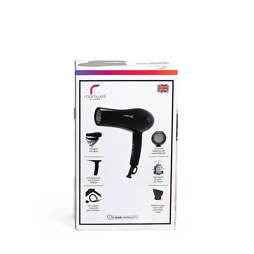 Roomwell Fiji II Foldable Hair Dryer, Fast Drying 1800-2100 W, Overheating Safety, Nozzle, 2 Speed & 3 Heat Setting, Color Black - HorecaStore