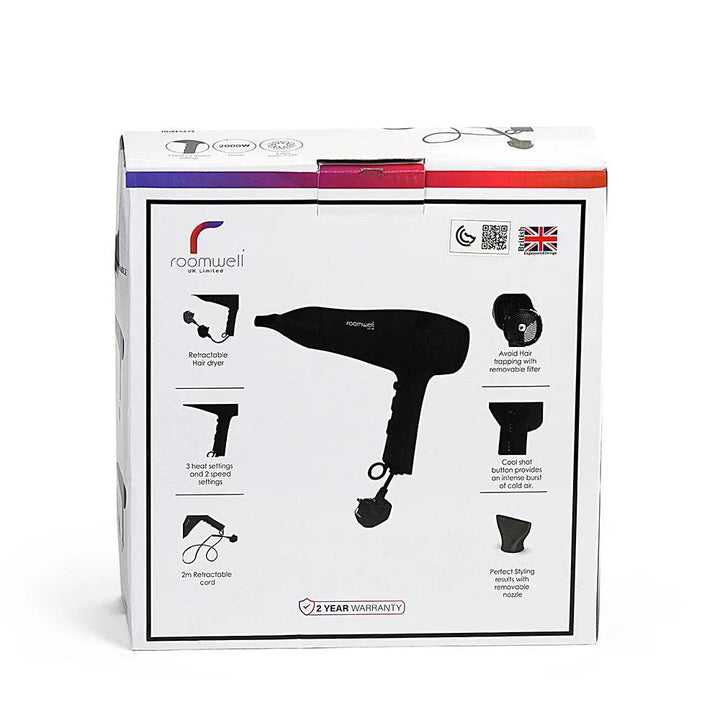 Roomwell Revo Cord Keeper Hair Dryer, Powerful 1800-2100 W, Fast Drying with 2 Speed, 3 Heat Settings, Cool Button Black - HorecaStore