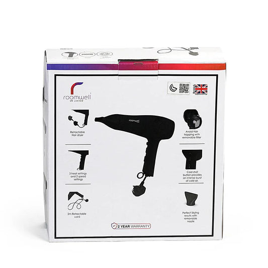 Roomwell Revo Cord Keeper Hair Dryer, Powerful 1800-2100 W, Fast Drying with 2 Speed, 3 Heat Settings, Cool Button Black